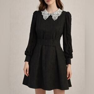 Burryco Statement Collar Black Dress Lined Long Sleeve Wednesday Addams sz 10